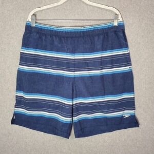 Speedo Men Swimwear Large Blue Striped Swim Shorts Logo Comfort Liner‎ Volley